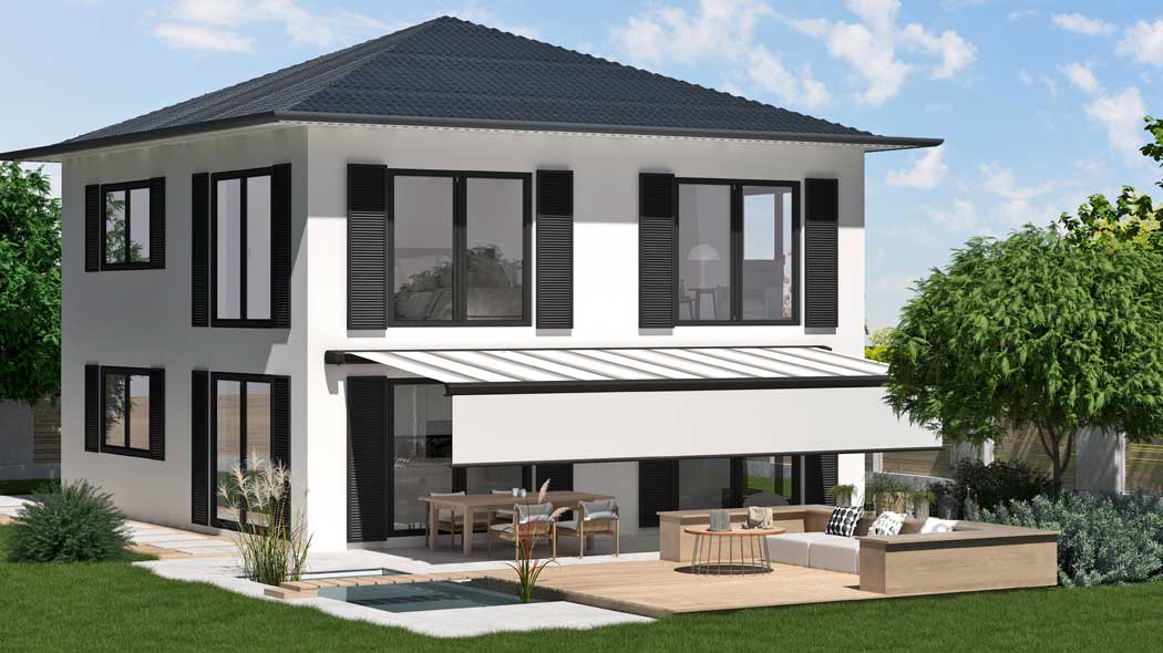 ERHARDT MARKISEN - Geöffnete Doppelmarkise über der Terrasse im Garten.