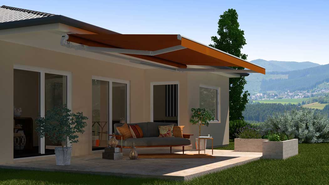 ERHARDT MARKISEN - Ansicht Aussenbereich mit ausgefahrener Markise über der Terrasse.